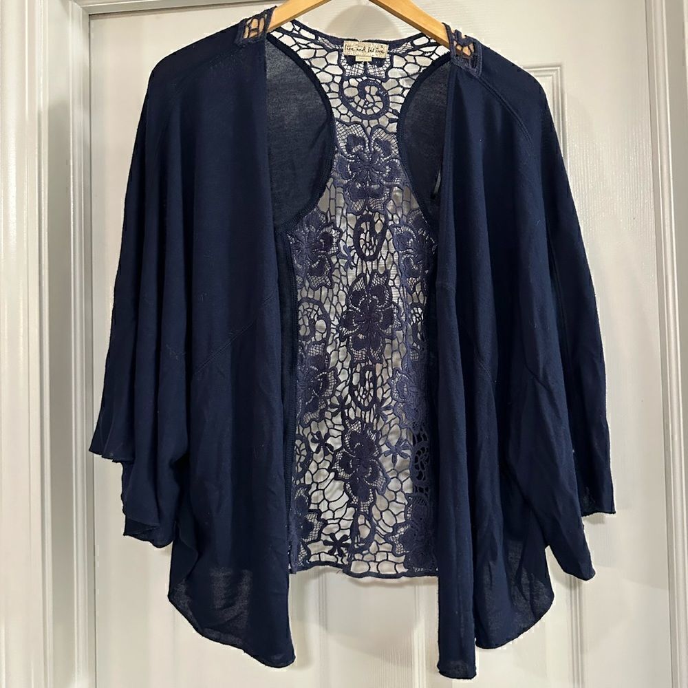 Live and Let Live Cardigan Sweater navy crochet back Size small